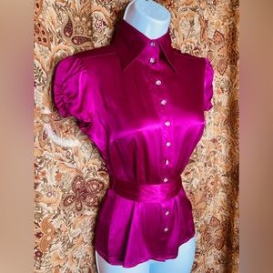 Vintage Bebe Fuchsia Silk Crystal Button Blouse w/Sash Burlesque Retro Pinup